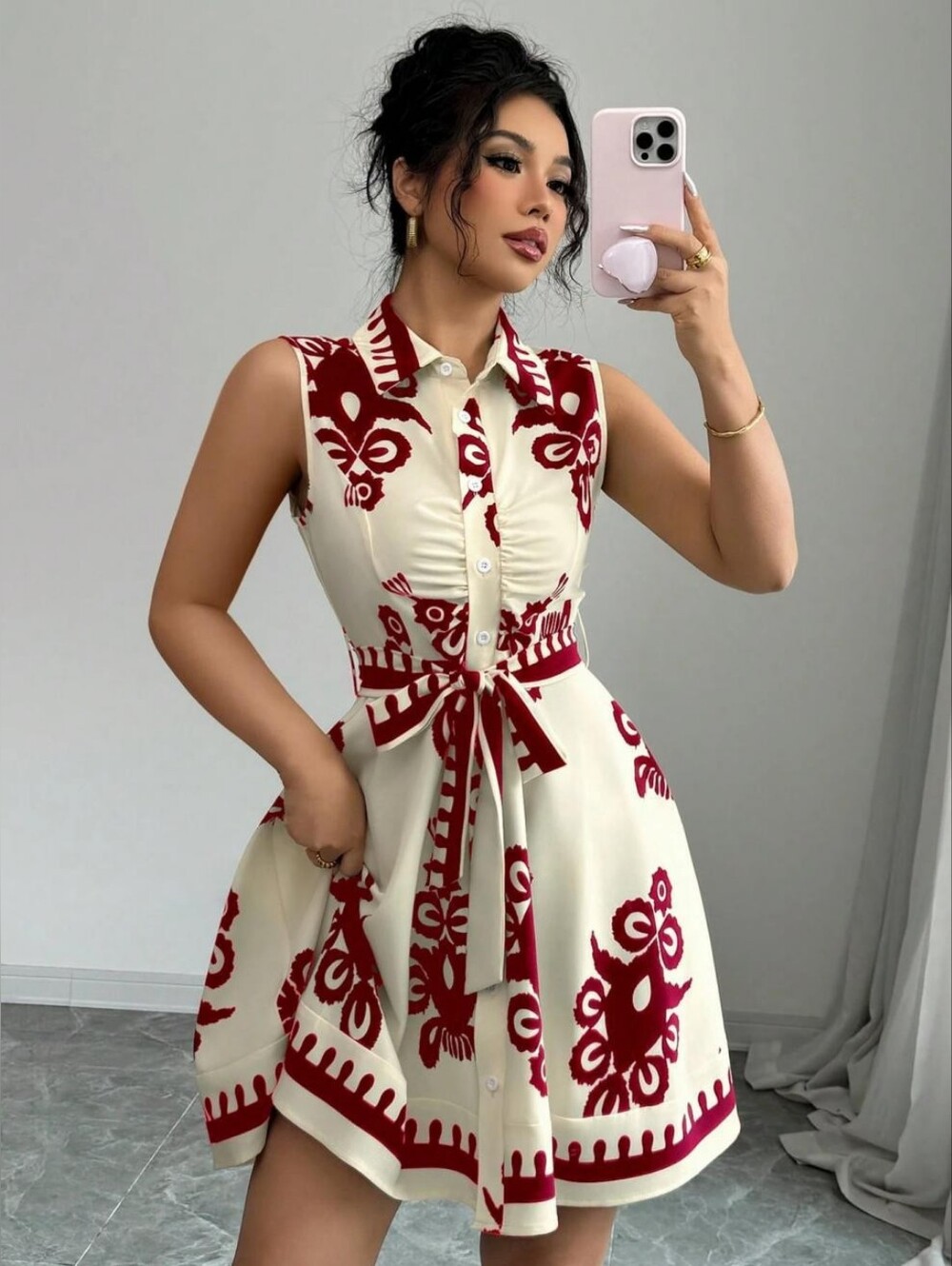 Sleeveless Cream Dress with Red Floral Print and Tie Waist - Full & Plus Sizes - Picture 3 of 6